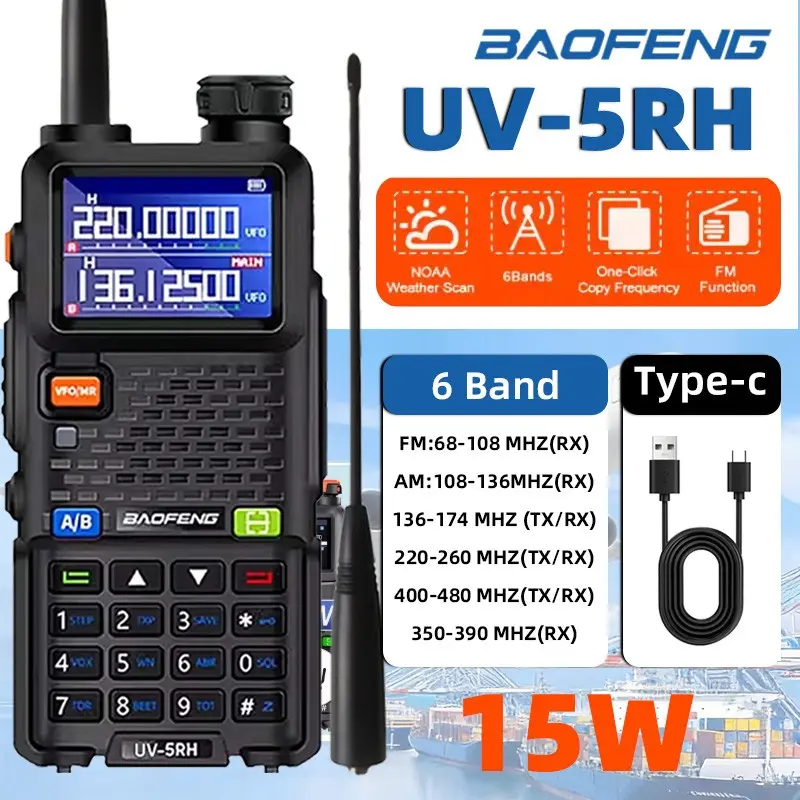 UV-5RH portable handheld walkie talkie with 15W high power, 6 frequency bands, wireless replacement frequency, 999CH transceiver, ham two-way radio is an essential equipment for outdoor camping, wilderness exploration, and convoy transportation