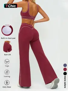 Yoga Two-Piece Set, Dual-Layer V-Neck Sports Bra, High-Waisted Split Side Pants, Stretchy Workout, Includes Pads