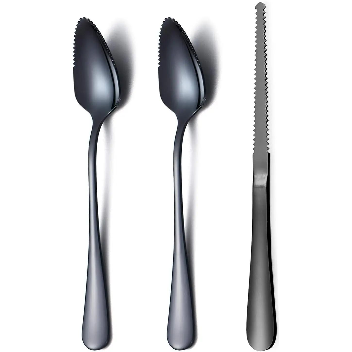 Black Grapefruit Spoons 3 Pieces Set, 2 Stainless Steel Grapefruit Spoon And 1 Grapefruit knife With Titanium Plating, Grapefruit Utensil Set, Serrated Edges Spoon pack of 3 (Black)