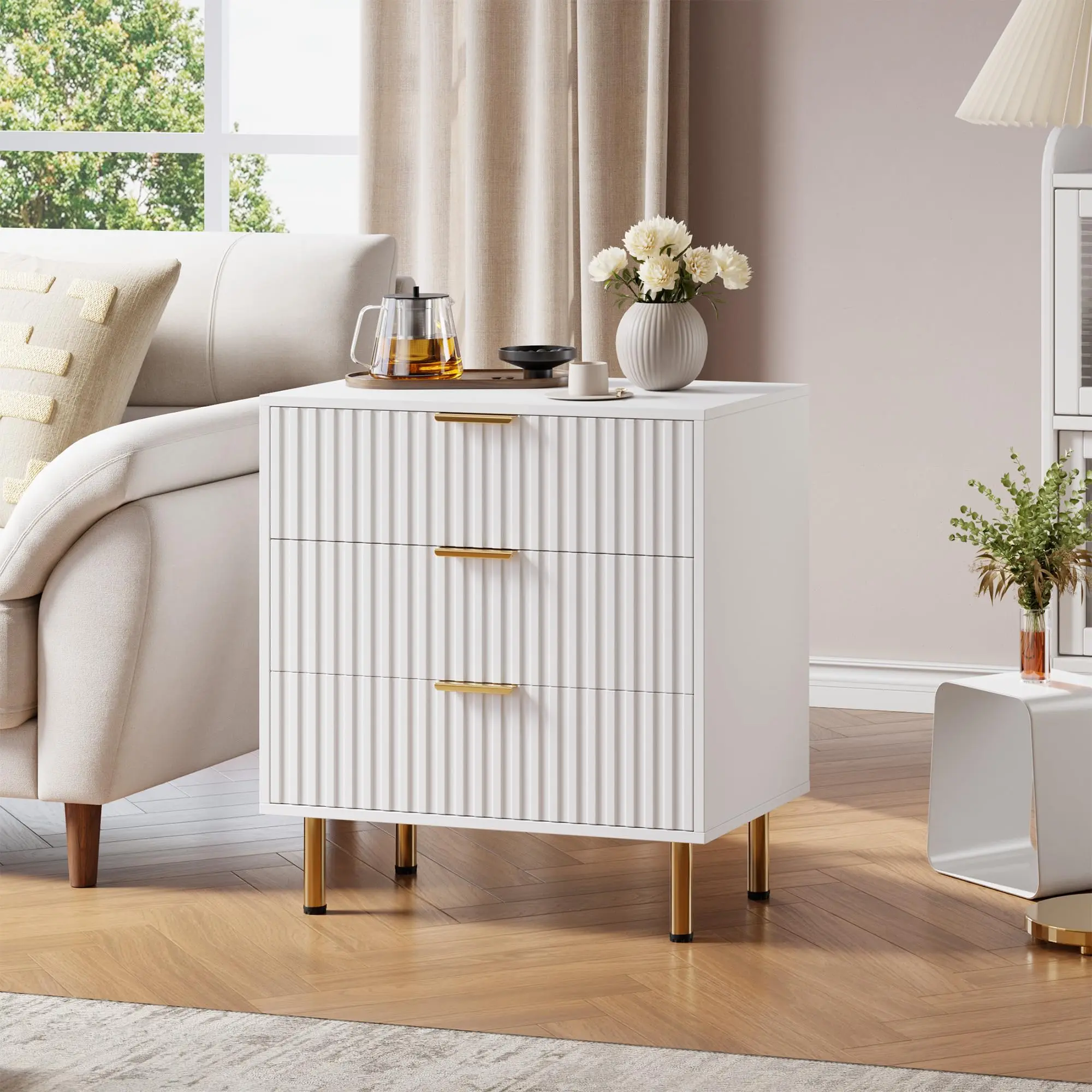Fluted 3-Drawer Particle Board Dresser - Single Unit 15.7" Deep Space Saver, Bedroom Nursery Nightstand Chest, Compact Closet Organizer for Small Spaces, Narrow Depth
