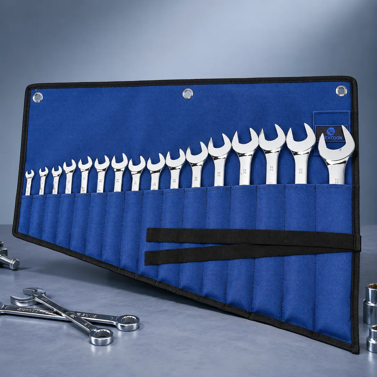 Roll-Up Wrench Organizer, Heavy-Duty Oxford Fabric Tool Pouch for Mechanics and DIY Repairs, Water-Resistant Multi-Pocket Holder with 3 Hanging Grommets and Tie Straps, Mechanic, Grommet Hang, Multiple Pockets, Metal Tools, Inches/Cm, Pouch Only, Roll-Up
