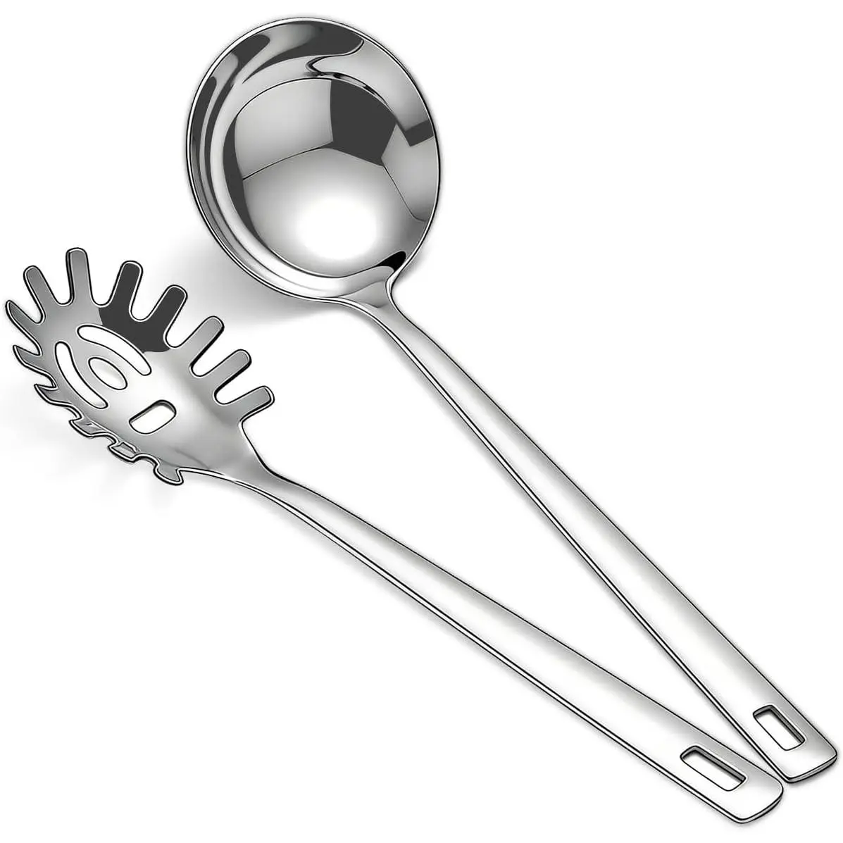 Berglander Kitchen Ladle Spoon and Spaghetti Spoon Set 2 pieces, Pasta Spoon Stainless Steel Kitchen Utensils for Cooking, Stirring, Serving Spaghetti, Soup, Sauce, Dishwasher Safe