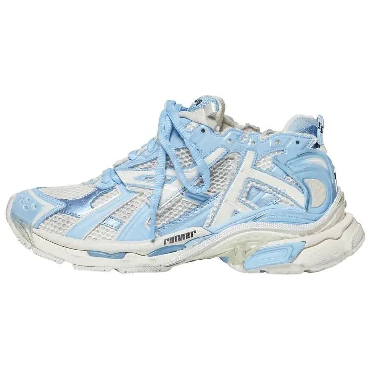 Balenciaga Runner Chunky Lace-Up Low-Top Dad Shoes for Women in Distressed White and Blue Verifiable, with credentials and supporting global authentication