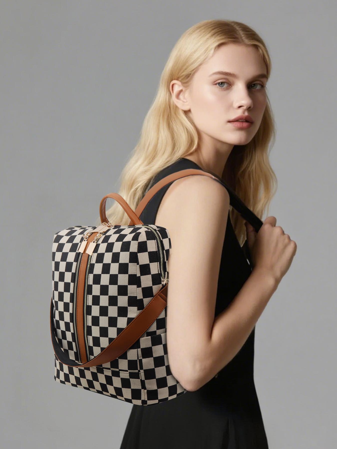 Checkerboard Pattern Backpack Set, Women'S Fashionable Vintage Trendy Casual Large Capacity Zipper Travel Backpack & Wristlet, Multifunctional Bag Set For Daily Use