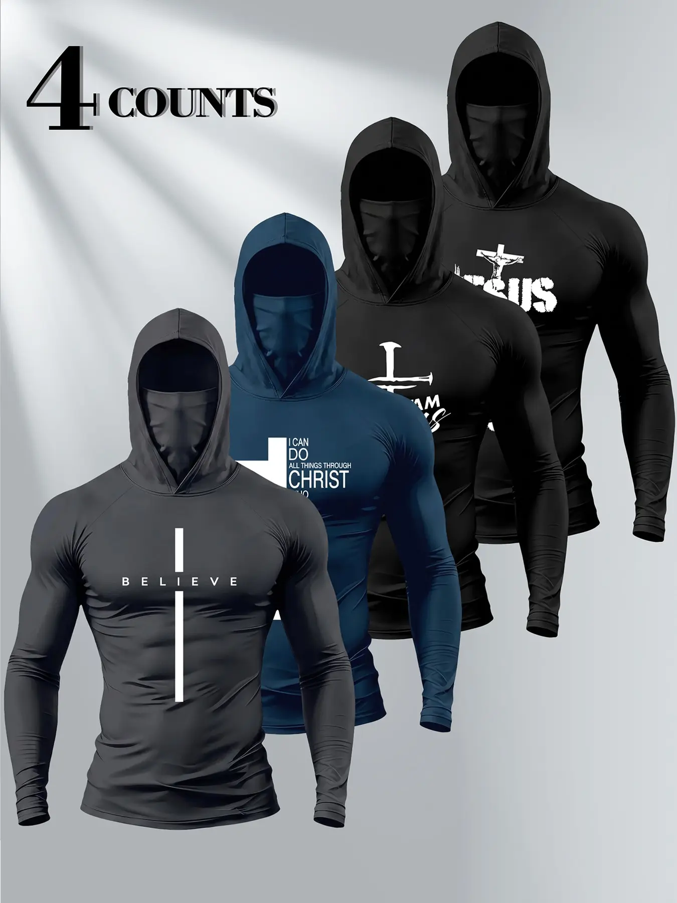 4‑Pack Men Cross Faith Themed Balaclava Hoodie,Multi‑Graphic Integrated Face Mask Stretch Long‑Sleeve Pullover Top