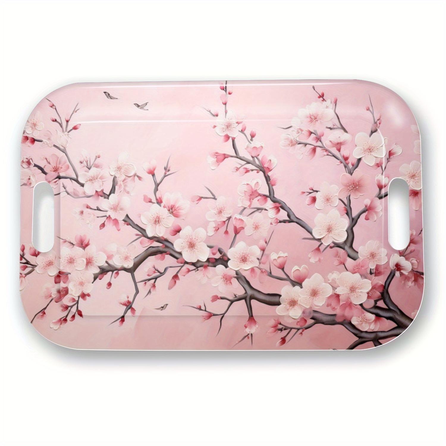 Japanese-Inspired Rectangular Serving Tray - Lightweight & Easy-Clean Table Tray with Handles, Elegant Pink Cherry Blossom Floral design for Dining, Living Room, Parties - Durable Melamine Decorative Platter, Home Entertaining, Contemporary Home Decor, S