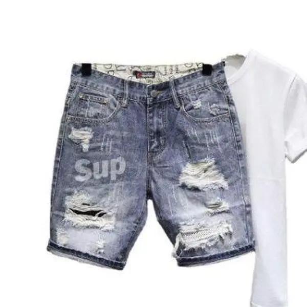 Men's Ripped Denim Shorts for Summer - Personality print versatile cropped pants in cotton fabric, casual street style ee blue Korean Loose Original Streetwear Design