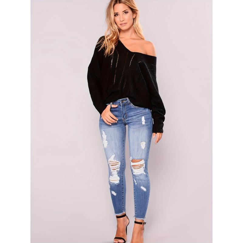 Stretchy Women's Skinny Jeans, Butt Lifting Distressed Denim Pants with Pockets and Ripped Hole Trousers Womenswear Bottom Vintage Polyester Fabric Slim