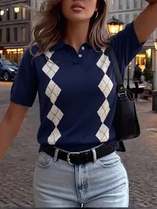 Elegant Women's Spring Summer Fashion Casual Home Office Commute Basic Simple Fitted Knit Geometric Plaid Collar Button Half Open Shirt Short Sleeve Pullover Casual Fashion Collared
