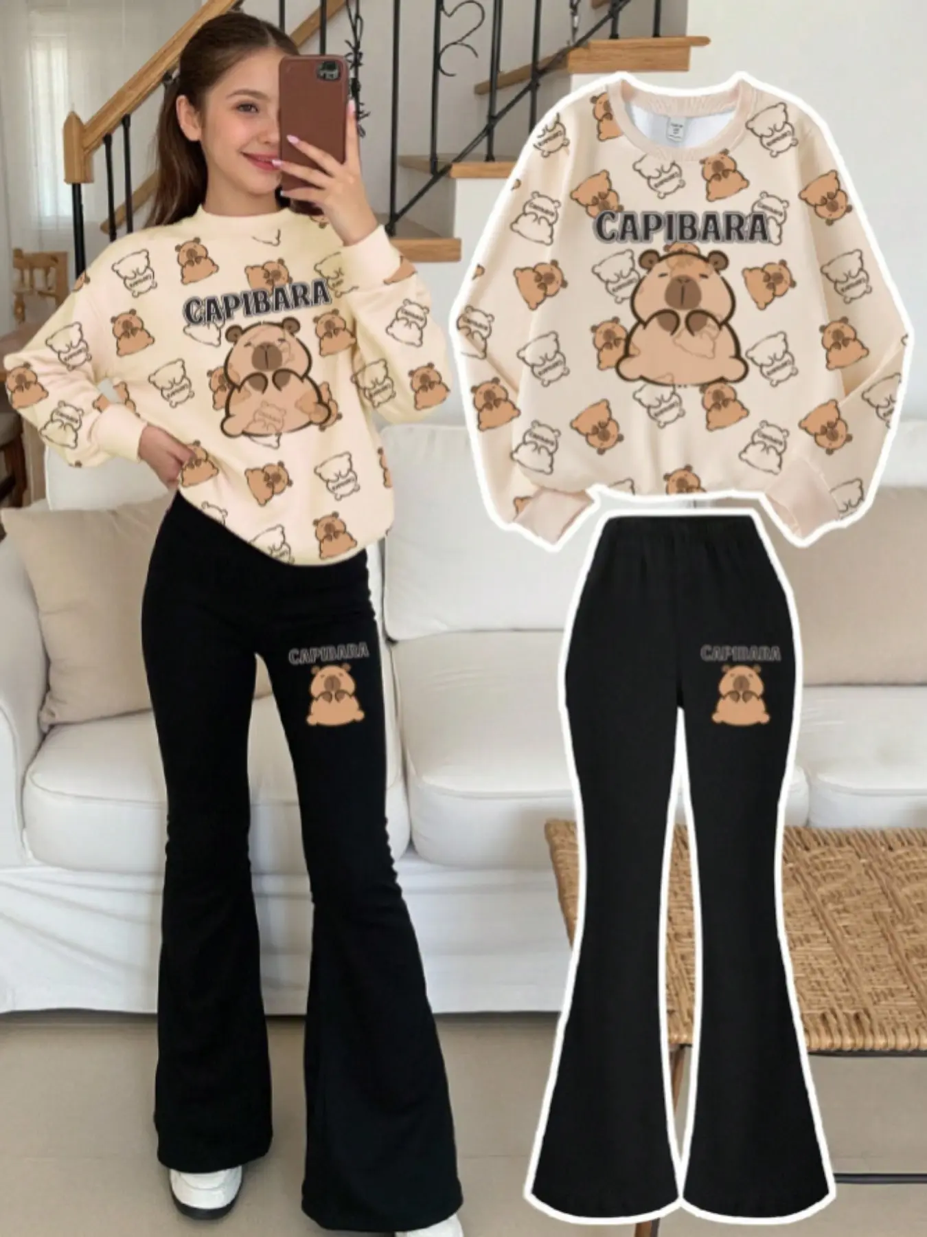2-Piece Cute Cartoon Capybara Pattern Set, Casual Fall Kids, Girl Round Neck Sweatshirt and Bell Pants Set, Slim-Fitting Suit