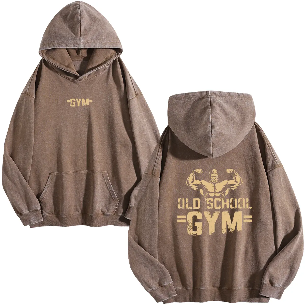 Wayii Vintage Washed Old School Gym Bodybuilding Graphic Oversized Hoodie Men Retro Fitness Workout Pullover