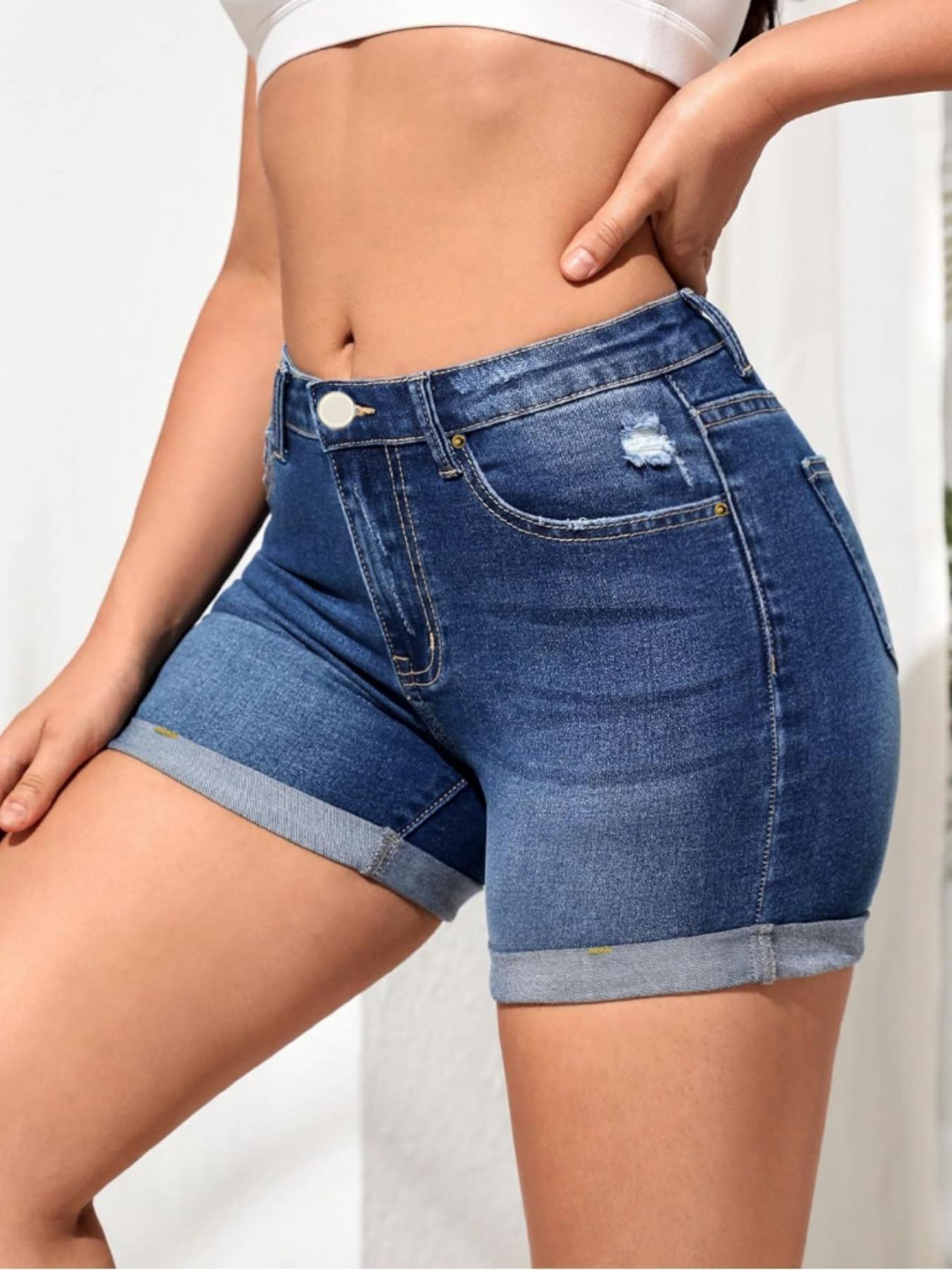 Women's Ripped Pocket Denim Shorts, Casual Stretchy Denim Shorts for Daily Wear, Ladies Bottoms for Summer, Womenswear