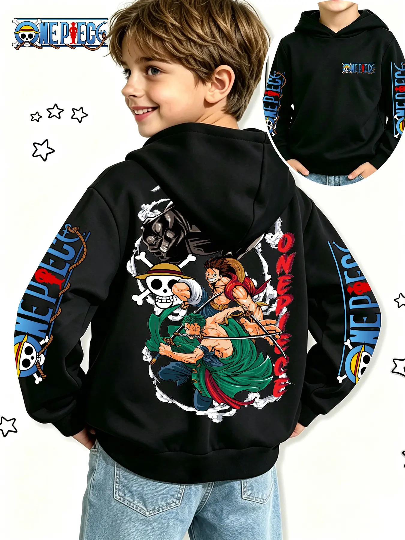 One Piece Official Boys' Anime Sweatshirt, Luffy Zoro Print, Casual Loose Fit, Spring Fall Fashion, Perfect for Gifts and Daily Wear