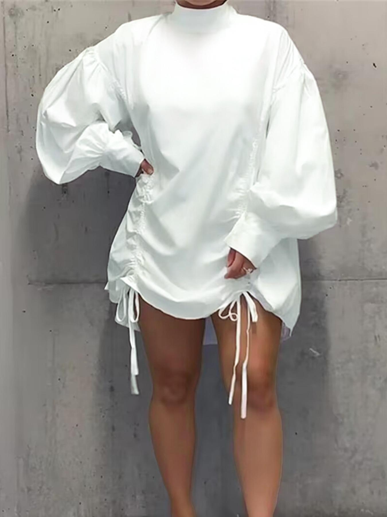 Women's Solid Lantern Sleeve Mock Neck Shirt Dress, Casual Fashion Style Drawstring Knot Design Long Sleeve Dress Fit For Daily Wear, Ladies Dress For Spring & Fall Womenswear