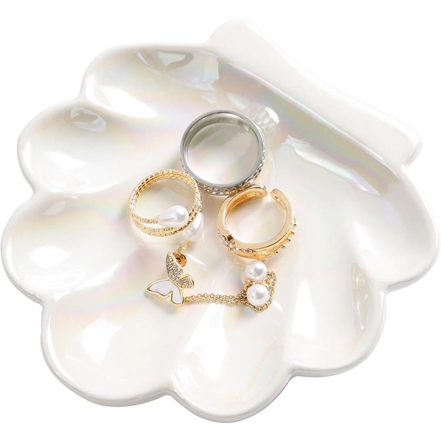Ceramic Pearlescent Shell  Tray Ring Holder Dish Key Tray |  Pearlescent Shell Tray For Rings  Decorative Plate For Women Christmas Birthday  HE02CS