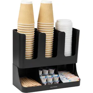 Mind Reader Cup and Condiment Station, 13 Inch Countertop Coffee Bar Organizer with 6 Compartments, Storage Caddy for Cups, Lids and Packets, Plastic, Black
