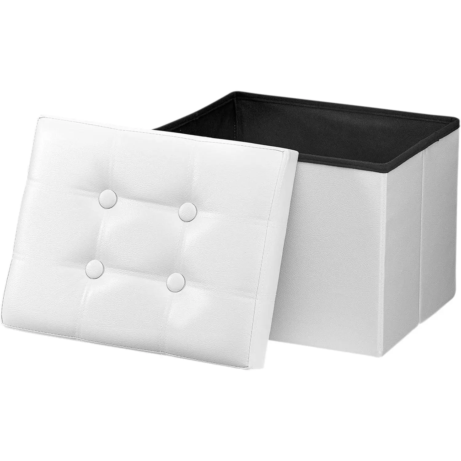 Folding storage footstool, small leather storage footstool with thick foam cushion, foldable coffee table footstool for living room, 17x 13x13inch , white