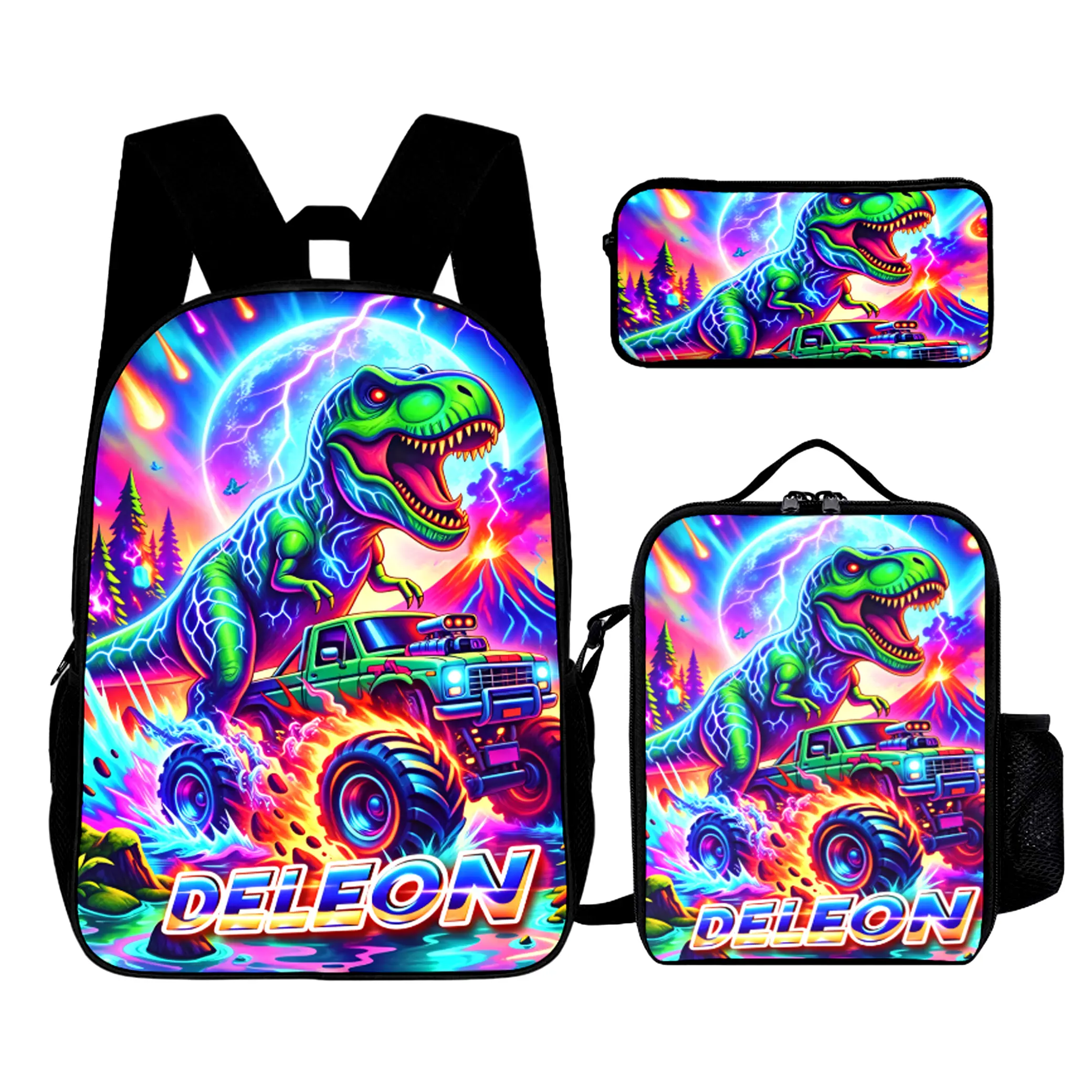 3Pcs Dinosaur Big Trucks Backpack Set, Matching Crossbody Bag And Storage Pouch. Custom Name Backpack Name (Order Notes), Ideal For Birthday Gifts, Back To School Essential And Perfect Halloween & Birthday Gift. # TikTokMadeMeBuyIt # BackToSchool