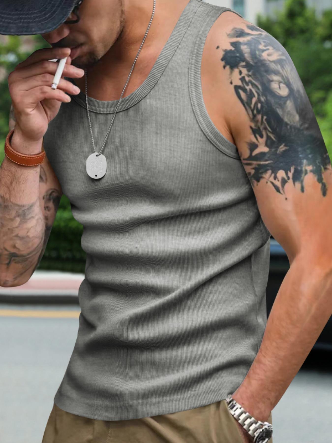 Men's Solid Racer Back Tank Top, Regular Fit Casual Breathable Scoop Neck Sleeveless Top for Daily Wear, Men's Clothes for All Seasons, Socks