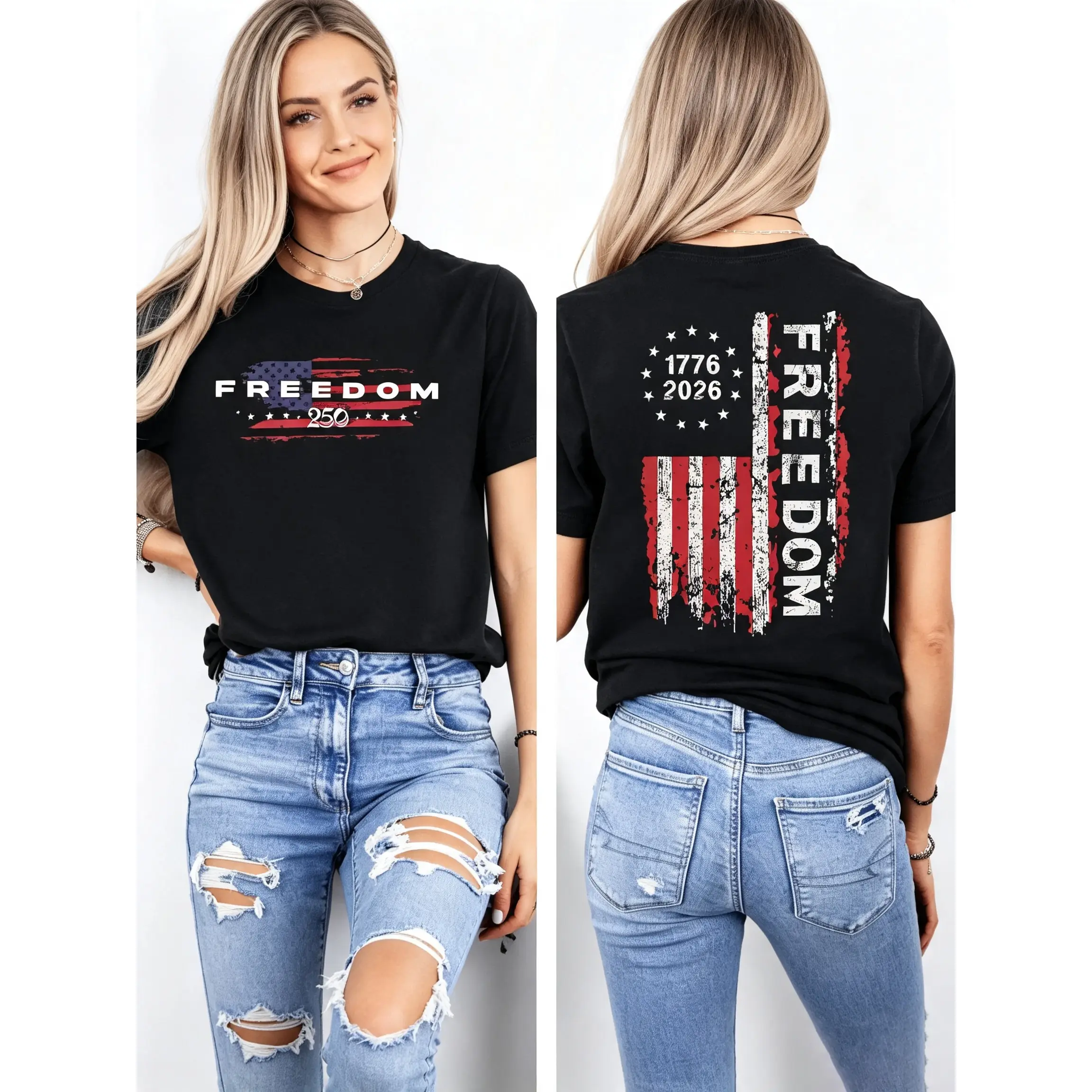 Freedom 1776–2026 T-Shirt – Patriotic USA Flag Vintage Distressed Graphic, Front & Back Print, Soft US Cotton, Unisex US Fit