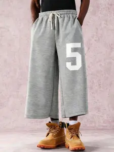 Men Elastic Drawstring Waist Wide Leg Cropped Sweat Pants Single Heather Grey Tone Large White Number 5 Side Graphic Print Side Hidden Hand Pockets Loose Straight Cut Street Basic Bottoms Daily Outdoor Travel Casual Relaxed Calf Length Trousers