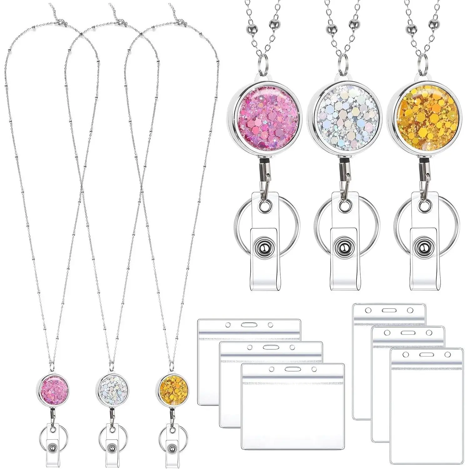 Women's Stainless Steel Glitter Lanyards (3-Pack) with 6 ID Badge Holders, Cruise Lanyard Ideal for Cruise Ship Cards, Teacher Badge Necklaces