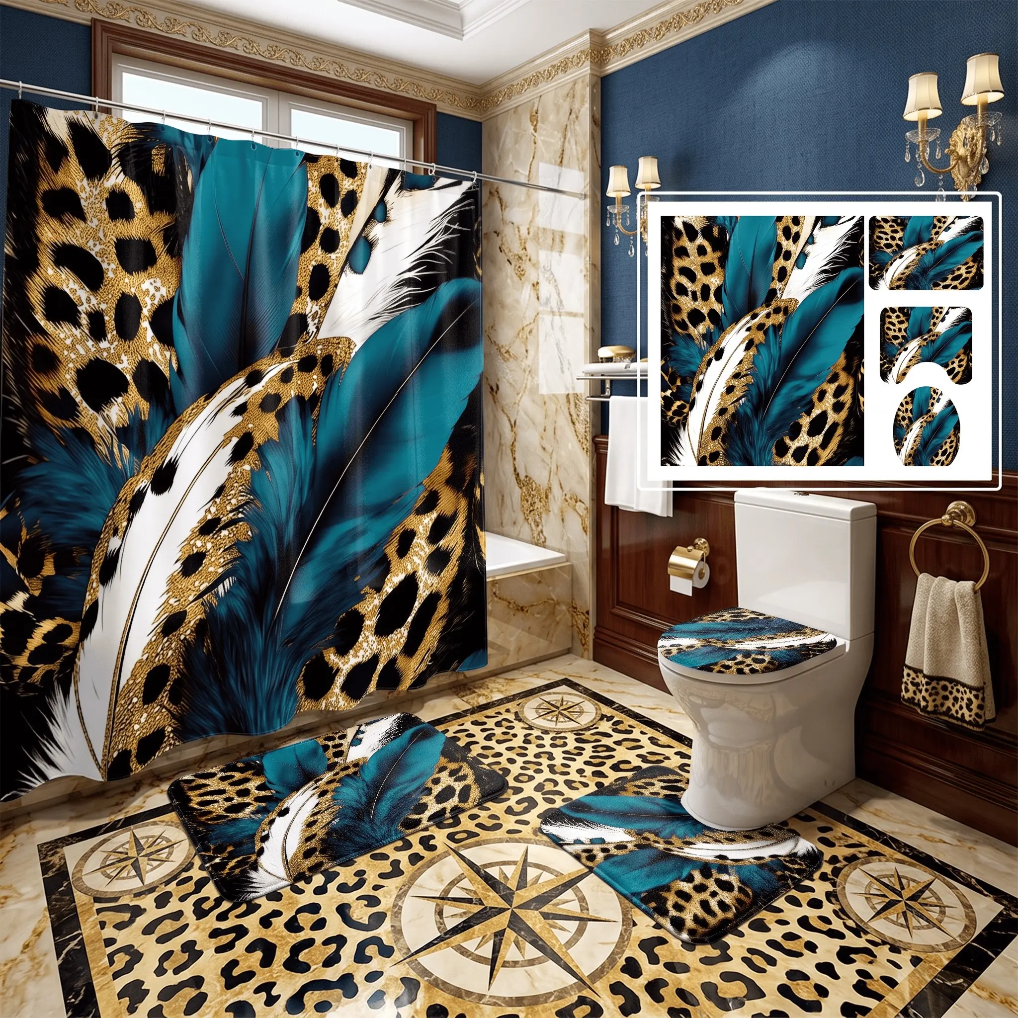 4pcs Glamorous Royal Blue Feather Leopard Grain 4 Piece Shower Curtain Set, The floor mat fabric is thicker and softer! Elegant Accent, Spring Festival Bathroom Decor