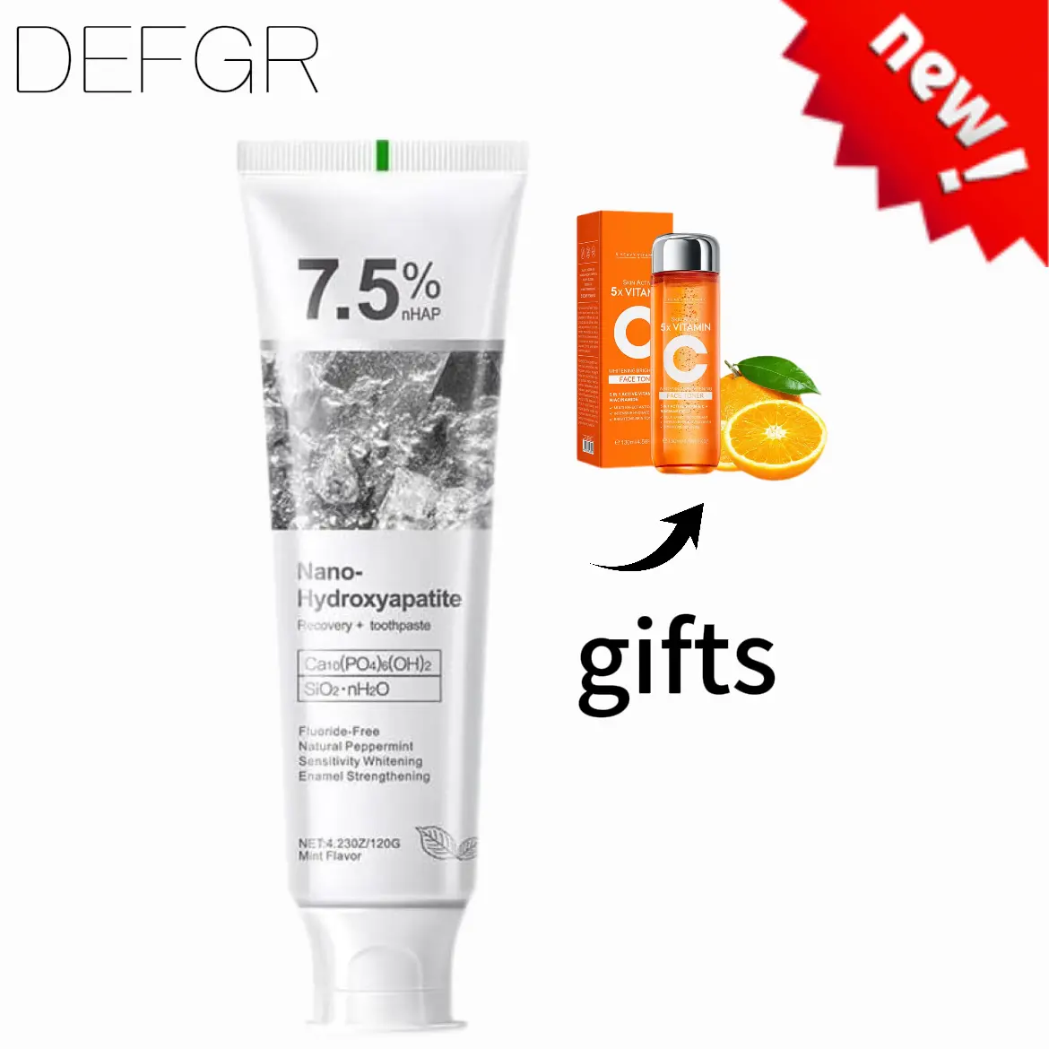 DEFGR Nano Hydroxyapatite Toothpaste 7.5% - Fluoride-Free Sensitive Teeth Care, Strengthening & Whitening Benefit, Daily Oral Cleanser for Gums & Enamel, Fresh Mint Flavor, Gentle Daily Cleaning (Pack of 1)