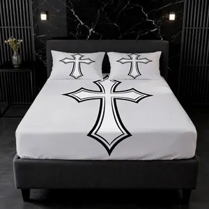 Large Cross Print Fitted Sheet 3-Piece Set (1 Fitted Sheet + 2 Pillowcases, No Pillow Inserts), Retro Cool American Style, Breathable Deep Pocket Design, Decor for Teens & Adults, Ideal Home Gift