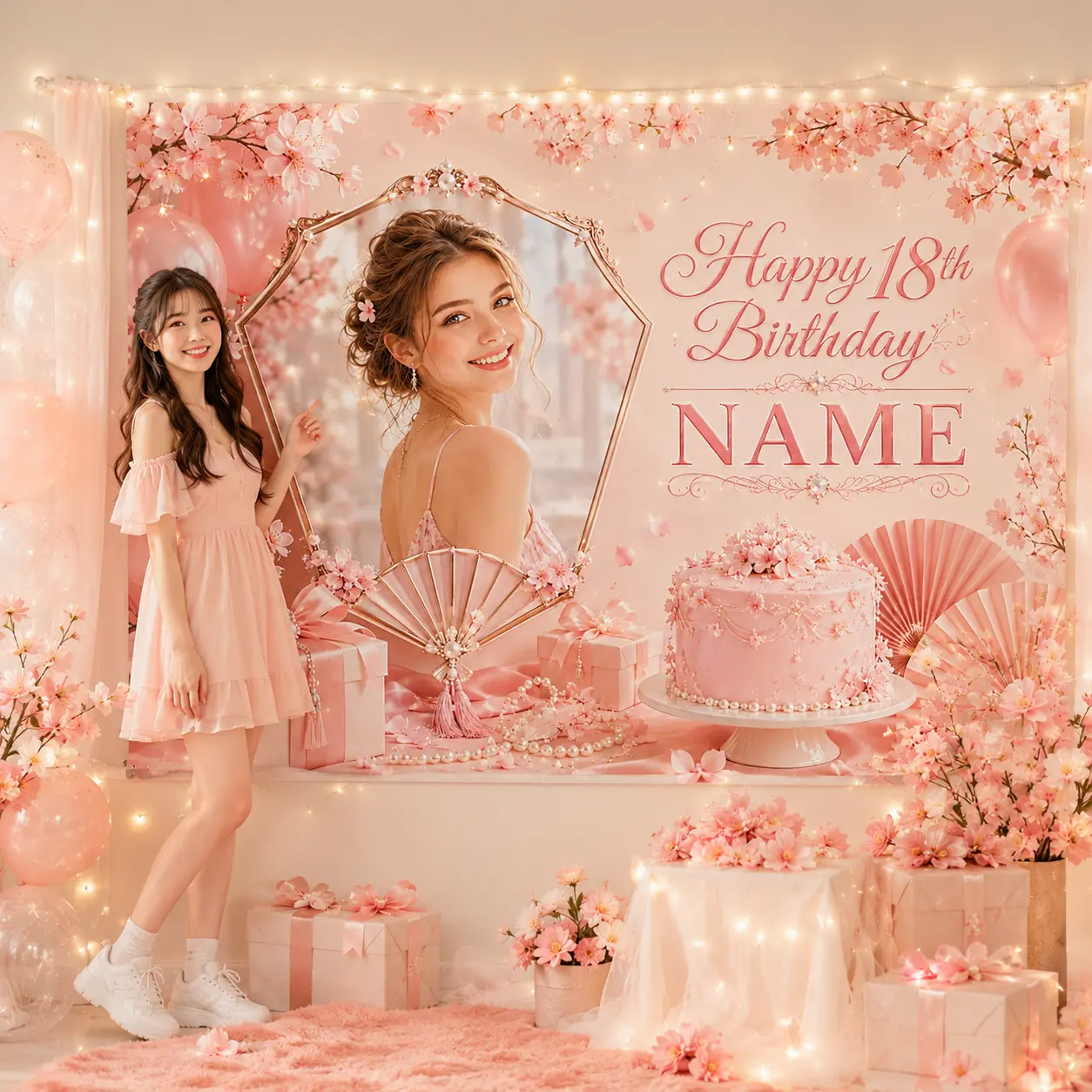 Personalized Blush Cherry Blossom 18th Birthday Backdrop with Photo and Name, Floral Frame, Folding Fans, Cake and Gifts