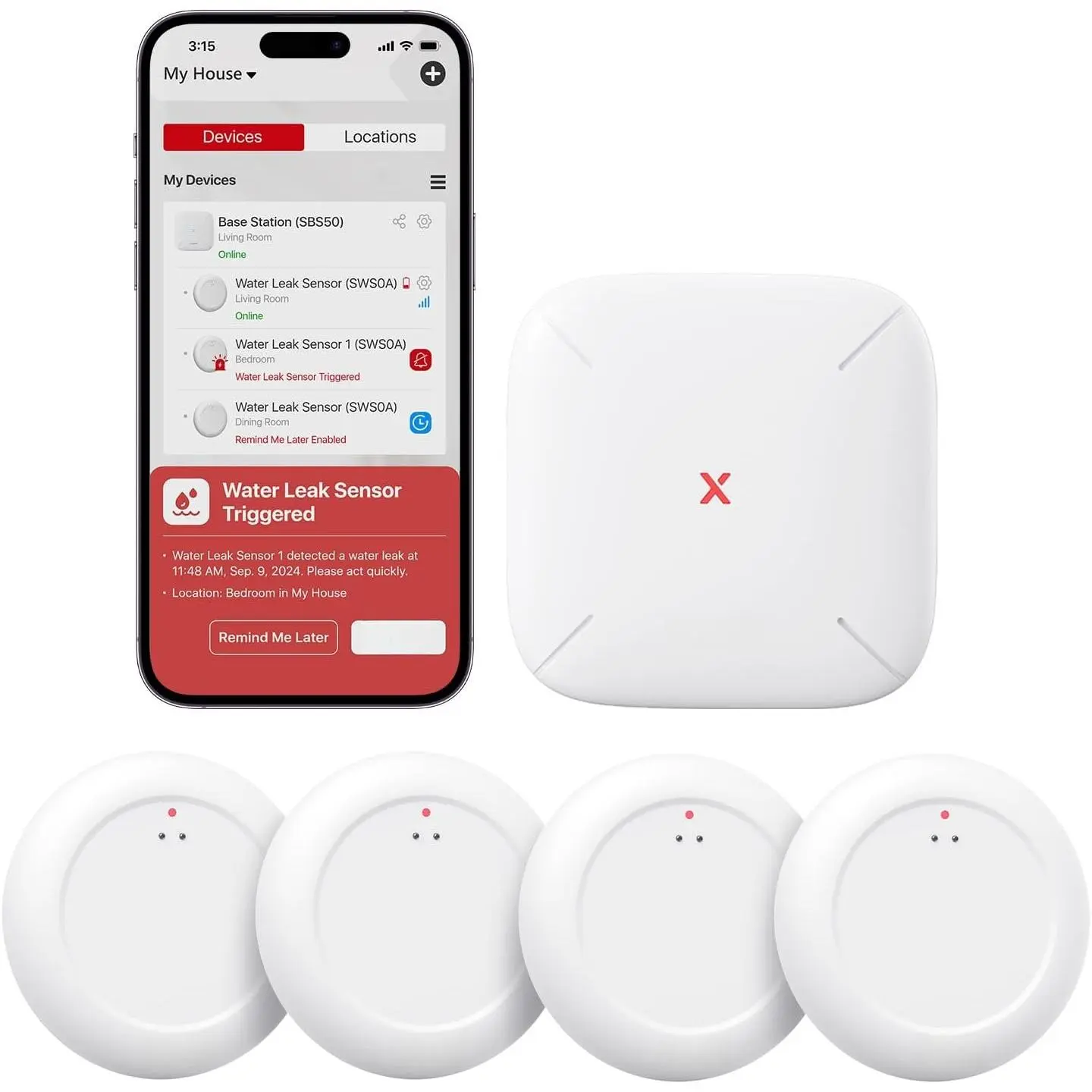 Water Leak Detector Kit,  Water Sensor  with App  and Ultra-Slim Design, Water  Leak Detector for Basements, 4 Water Sensors and 1 Base Station, Model SWS0A41
