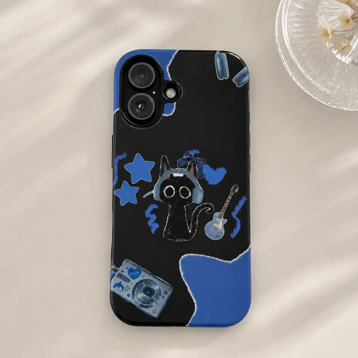 Kawaii Musical Theme TPU-Polycarbonate Smartphone Case - Durable Shockproof Cover with Cute Black Cat, Headphones, Guitar, Stars on Black Background for iPhone 11 Pro/ProMax/Plus, 12-17 Series, Air Series, Camera-Safe Gift Accessory, Protection