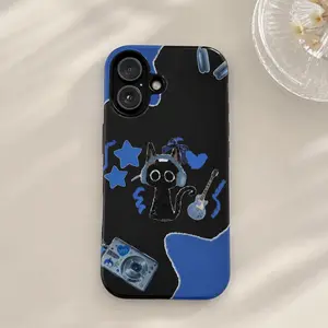 Cute Black Cat Tough Phone Case – Kawaii Music Theme With Headphones, Guitar & Stars On Black Background, For Ipone 17 16 15 14 13 12 11 Pro ProMax Plus  Air Series,Gift For Her, Gift For Him, Protective, Accessories, Shell