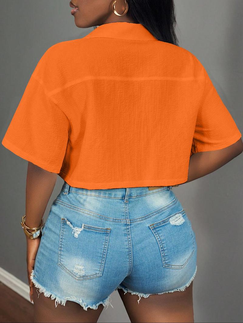 Women's Solid Color Short Sleeve Shirt, Casual Elastic Pocket Design Crop Top for Summer, Women's Clothing for Daily Wear, Casual Comfy Shirt