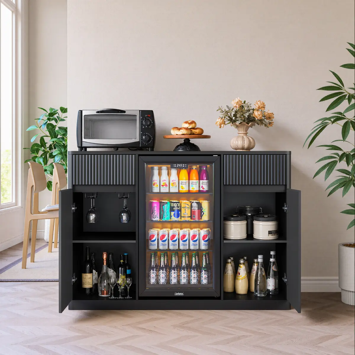 [Fahuac] 53" Fridge Cabinet - Easy Assembly Standalone Multi-Door Design Cabinet with Built-In Nook, Power Outlets, 3-Level Shelves, Fluted Doors & Organization Storage Compartments, Easy Assembly Cabinets, Multi-Door Design Cabinets