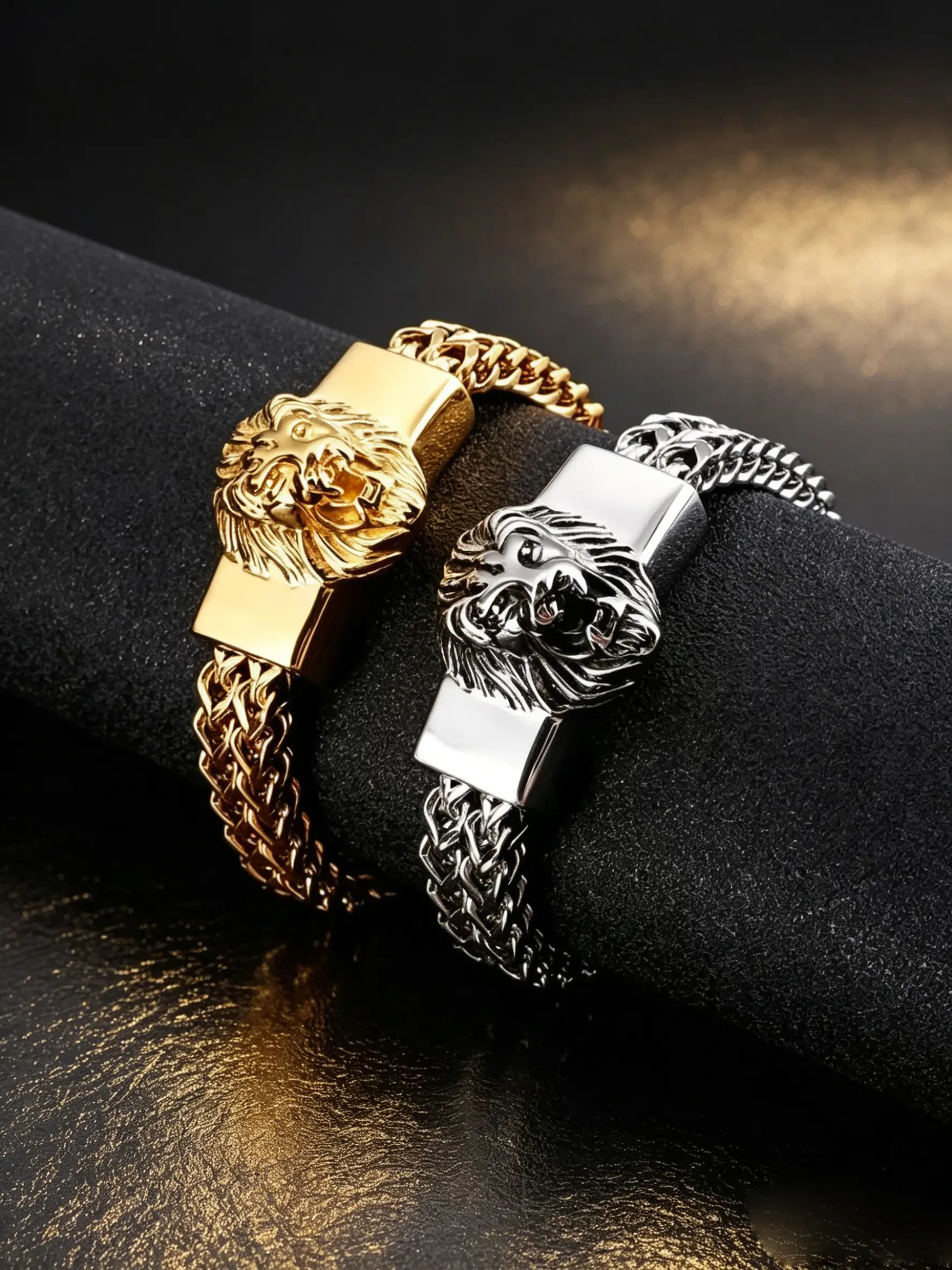 Vintage Hip Hop Franco Cuban Chain Bracelet For Men, Sculpted 3D Roaring Lion Head Centerpiece, Polished Stainless Steel Waterproof Wristband, Available In Gold Plated & Silver Plated Finish, Gothic Punk Daily Street Fashion Accessory, Father’s Dayirthd