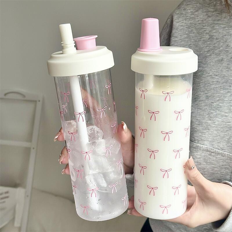 700ML Large Capacity Coffee Cup, Simple Bow Plastic Water Bottle with Lid and Straw, Reusable Sports Cup, Back-To-School Supplies, Reusable Water Bottles