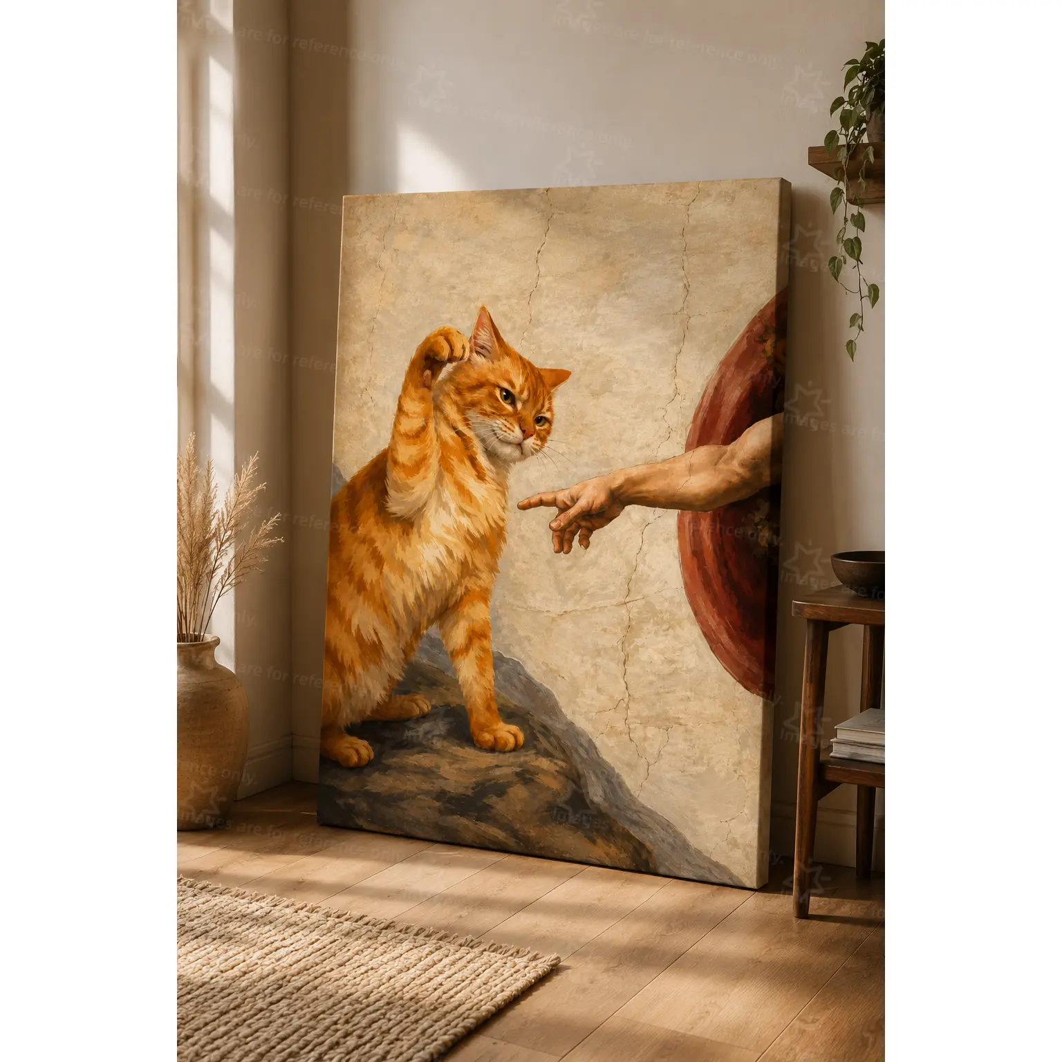 1pc Fluffy Ginger Cat Classic Art Parody Decorative Print - Retro Cracked Fresco Style Artwork, Whimsical 1-Piece Animal Lounge Decor, Pine Wood Compatible Room Decor Gift for Art Enthusiasts (Multi-Size)