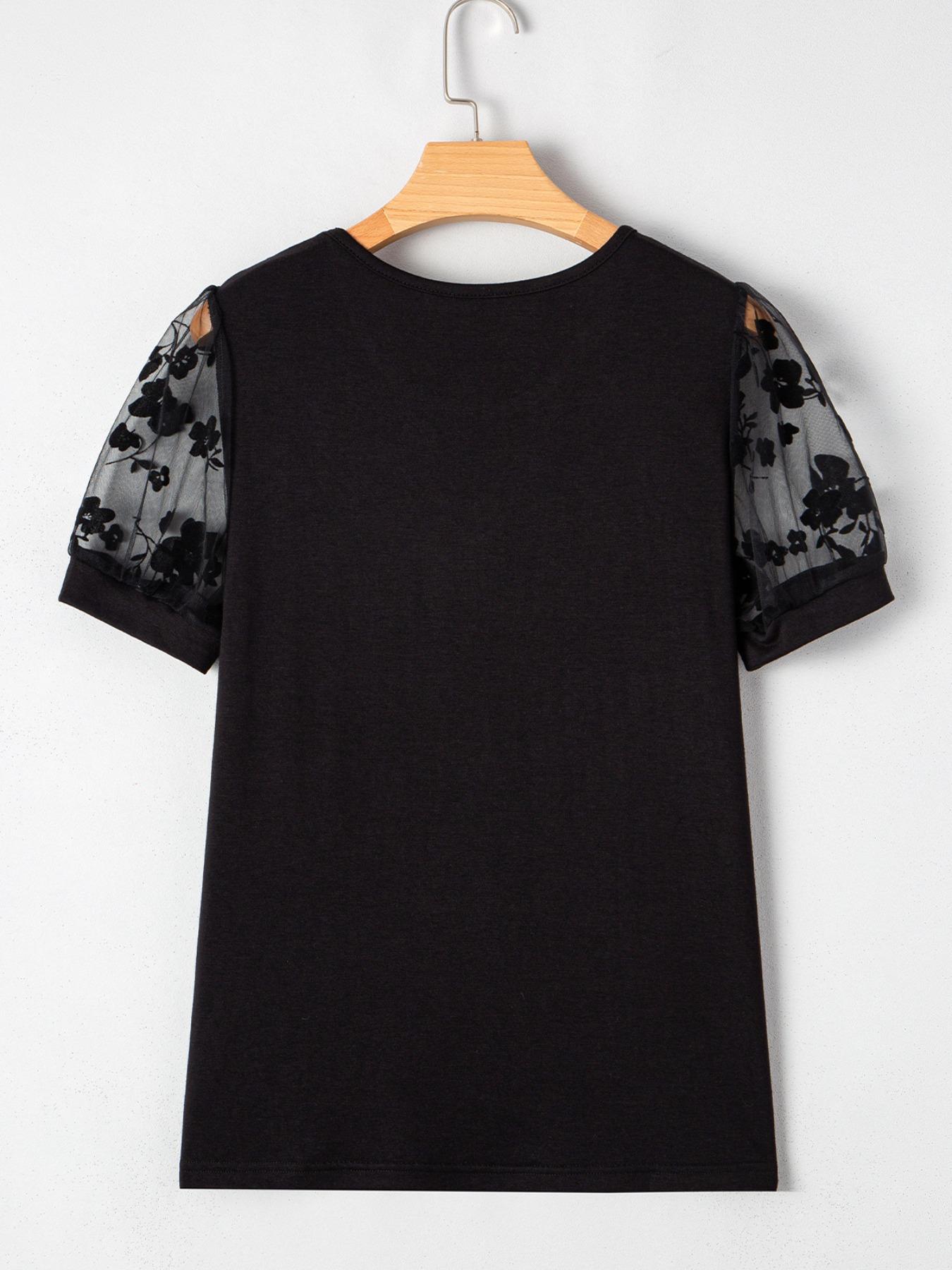 Women's Plain Floral Lace Splicing Tee, Fitted Casual Shortsleeve Tshirt for Summer, Ladies Clothes for Daily Wear, Top, Casual Breathable Top