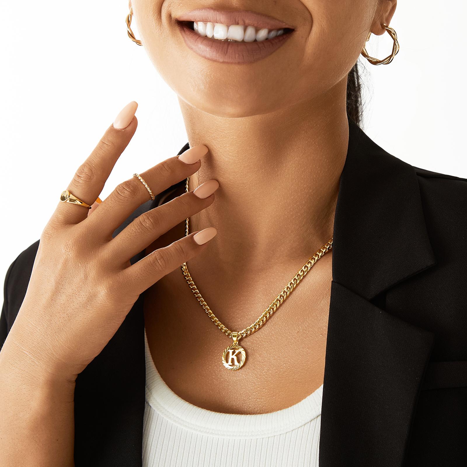 [Round Initial Necklace For Women Men]Alphabet Letter Pendant Hollow Monogram Dainty Jewelry 5mm Cuban Chain Necklace L07