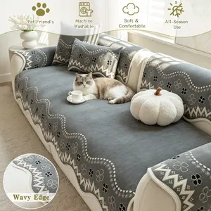 1PC Fresh Clover Wave Edge Sofa Cushion, Ethnic Small Flower Print Chenille Non-Slip Sofa Cover, Pet-Friendly, Home Office Decor