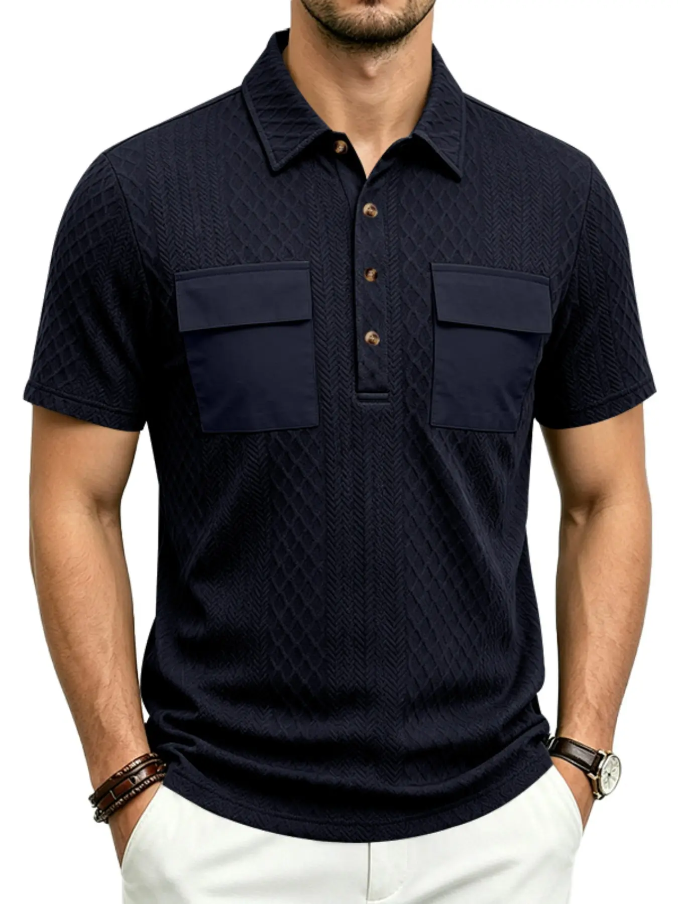 Men's Solid Color Textured Knit Polyester Polo Shirt, Dual Pocket Patchwork Casual Short Sleeve Top, Heavyweight Texture Knit Polo, 5 Colors Available