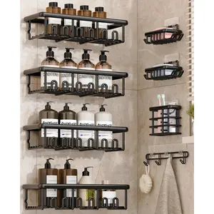 8 Pack Adhesive Rustproof Shower Caddy with Soap Dishes, Toothbrush Holder & Hooks, Large Capacity No-Drilling Shower Shelves Rack for Bathroom Organizers and Storage Accessories, Black