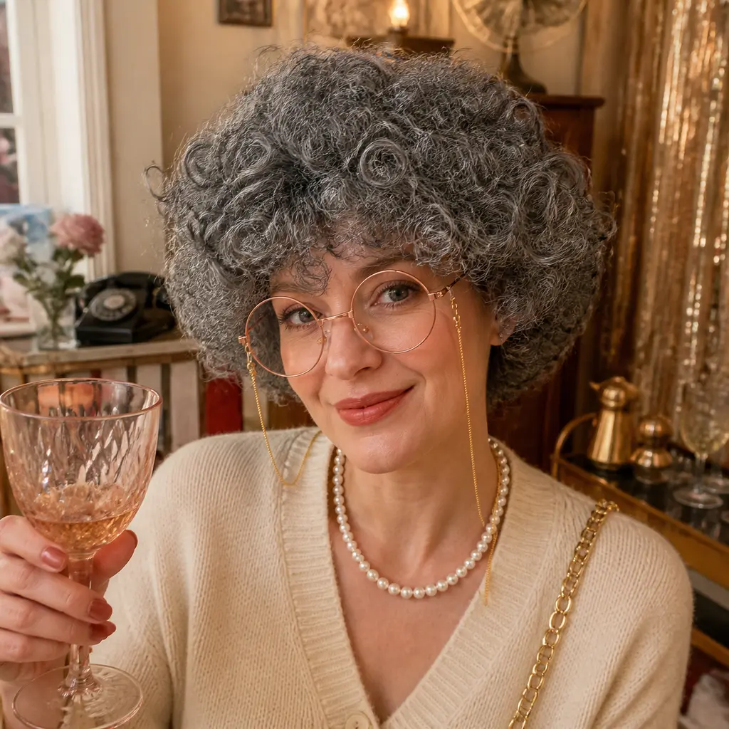 Gray Curly Granny Costume Wig Set with Round Glasses, Wig Cap and Necklace for Stage Role Play, Halloween & Dress Up Party