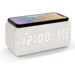 1Pc Multi-functional Digital Alarm Clock with 15W Fast Wireless Charging. LED display for time, date & temperature, dimmable brightness, auto night mode, 12/24H switch, 3 alarms with snooze. Stylish decor clock for bedroom and office.