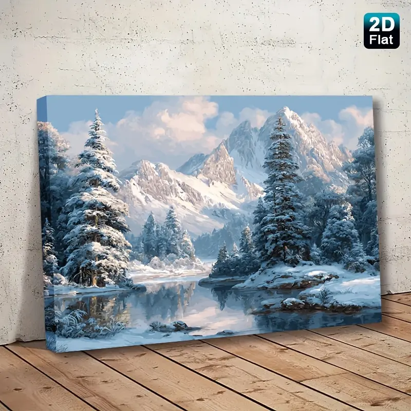 2D Flat Snowy Landscape Canvas Decorative Painting with Wooden Frame and Edging, Mountain, Trees, Lake, Winter Scenery Wall Art, Interior Wall Decoration for Rooms
