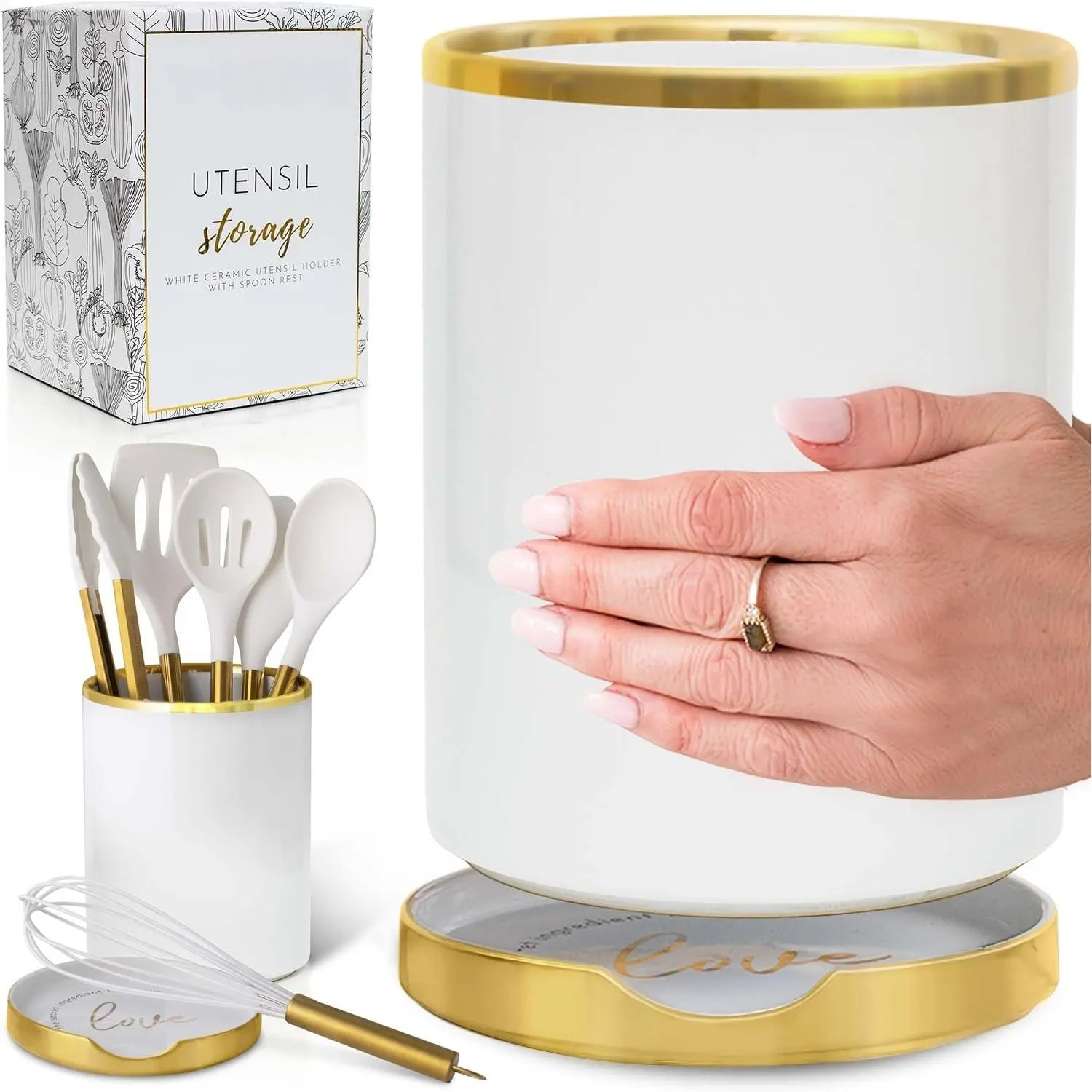 White Utensil Holder with -In Ceramic Spoon Rest - 2- Luxe White and  Spatula Holder with  Spoon Rest for Countertop Organization - Stylish Kitchen Accessory, Utensils Not Included