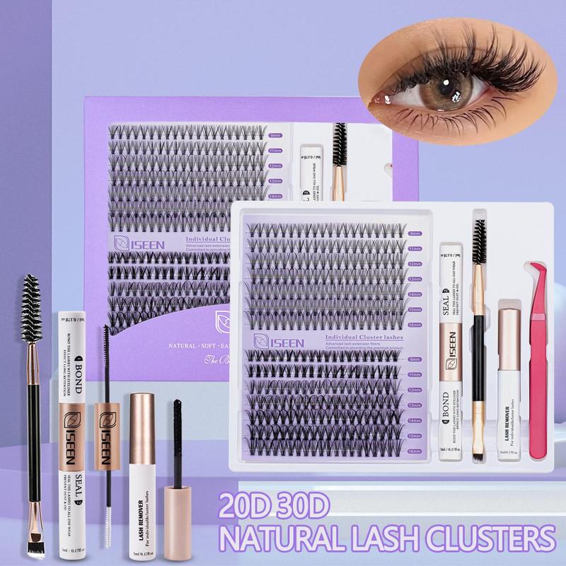 False Eyelashes Kit, 1 Set D Curl Eyelash Clusters, Fluffy Eyelash Clusters with Eyelash Glue, Remover, Brush & Tweezers, Eyelash Extension Kit for Women & Girls