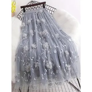 Double-layer Mesh Flared A-line Embroidered Floral Skirt