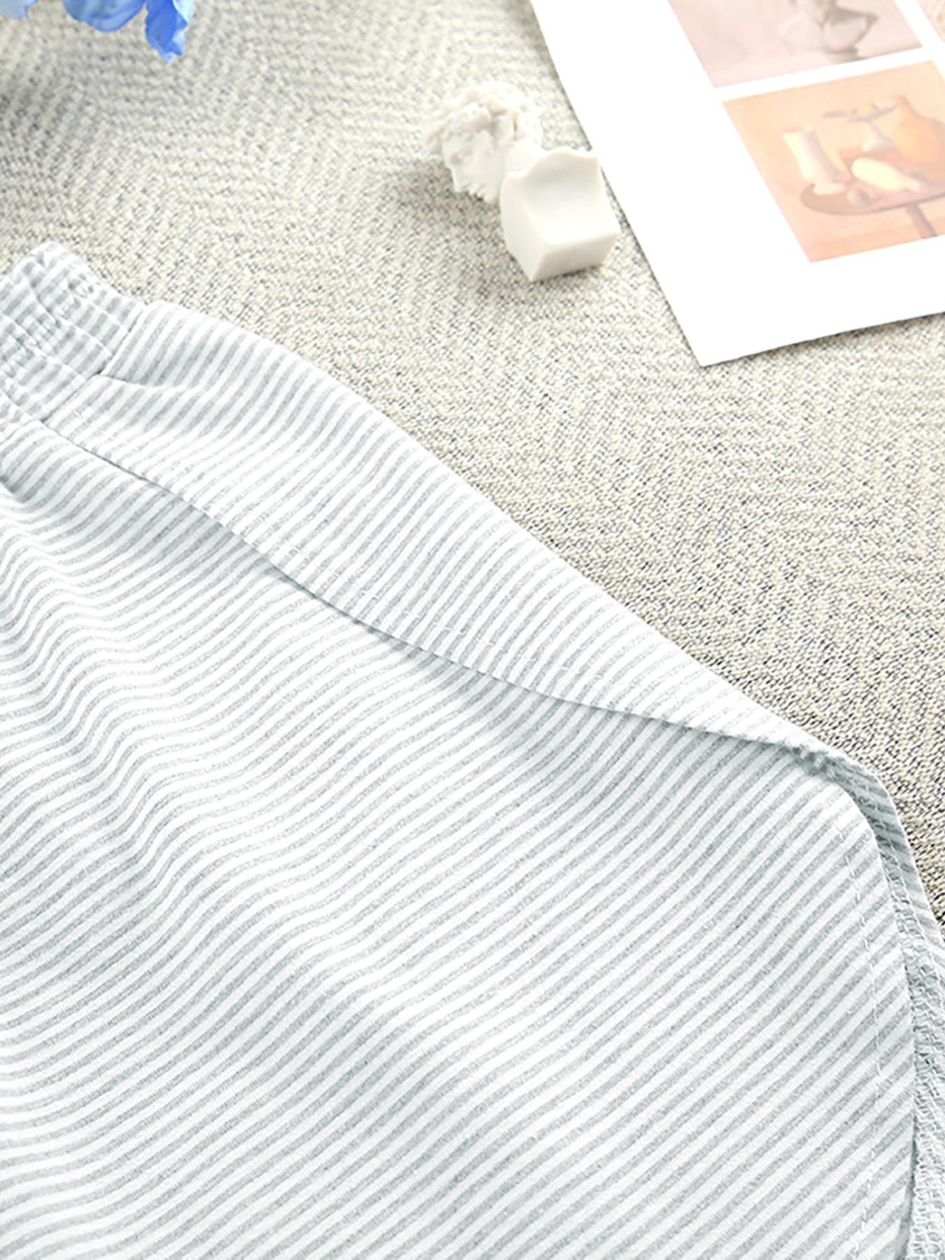 Women's Striped Print Drop Shoulder Tee & Wrap Split Shorts Pyjama Set, Casual Comfy Round Neck Short Sleeve T-shirt & Elastic Waist Shorts Pj Set, Summer Outfits